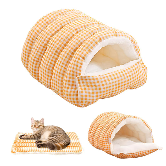 XiaoMan 2WAY Convertible Cat Bed, Winter Warm Cat Cave with Removable Washable Cover, Reversible Plush Arctic Fleece Hooded Donut Pet Bed for Indoor Cats & Small Dogs, Foldable（Orange）