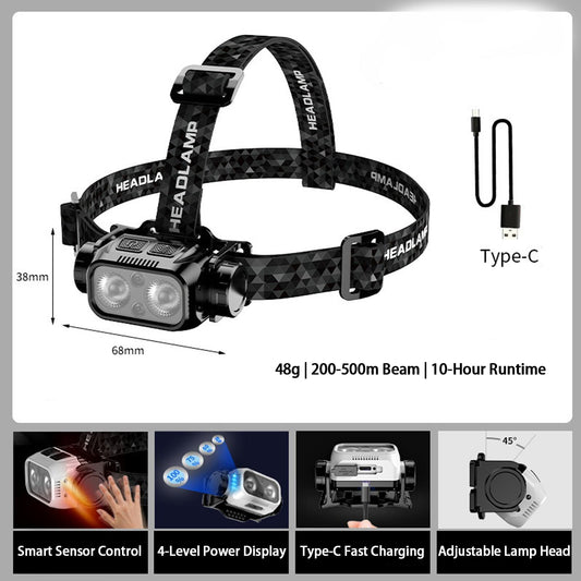 Head Torch Rechargeable, 3000mAh Super Bright 4-Color Light with Smart Sensor, Emergency Red & Blue Flash Mode, 200m Beam, 10Hrs Runtime, 45° Tiltable, Waterproof for Camping [Energy Class A]