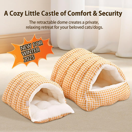 XiaoMan 2WAY Convertible Cat Bed, Winter Warm Cat Cave with Removable Washable Cover, Reversible Plush Arctic Fleece Hooded Donut Pet Bed for Indoor Cats & Small Dogs, Foldable（Orange）