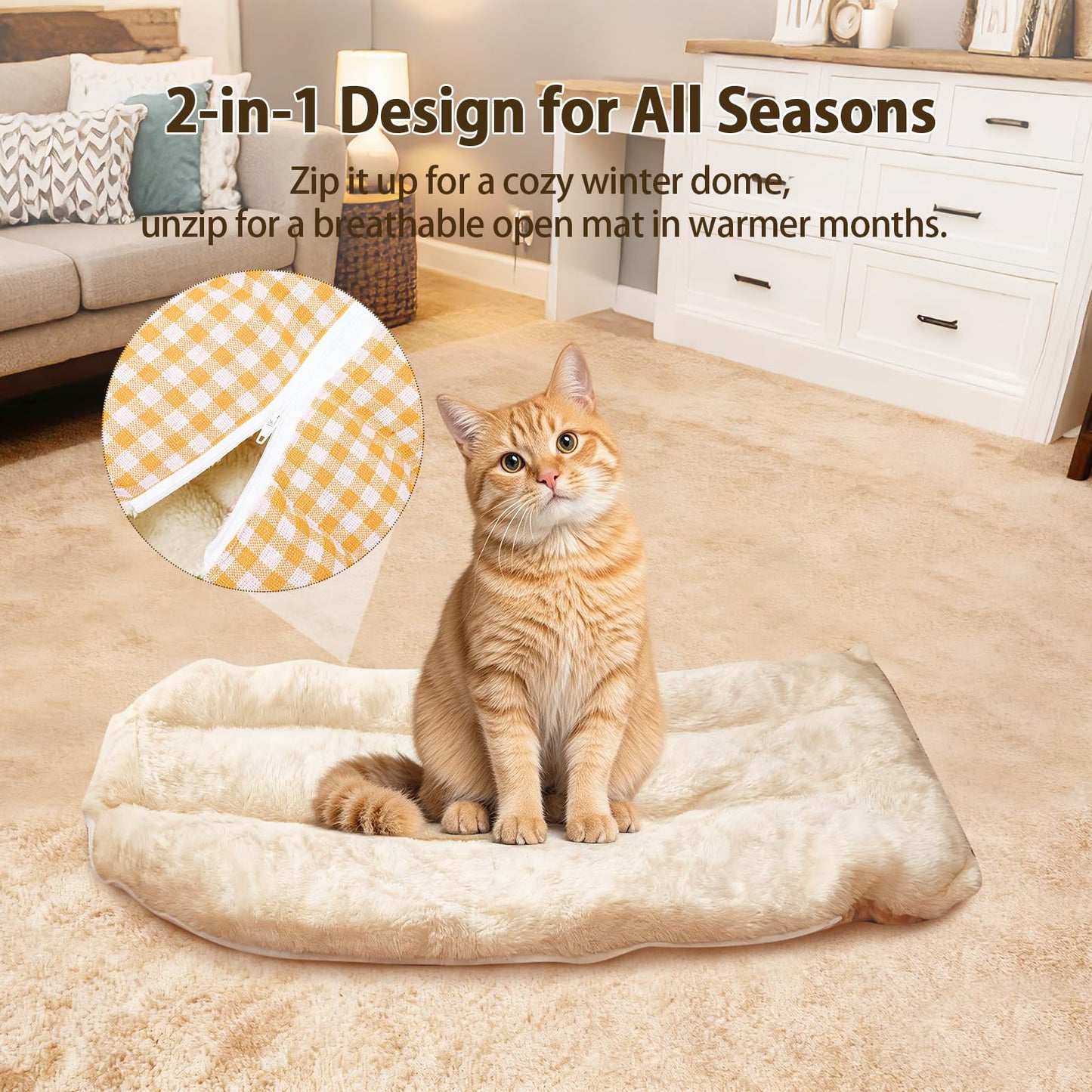 XiaoMan 2WAY Convertible Cat Bed, Winter Warm Cat Cave with Removable Washable Cover, Reversible Plush Arctic Fleece Hooded Donut Pet Bed for Indoor Cats & Small Dogs, Foldable（Orange）