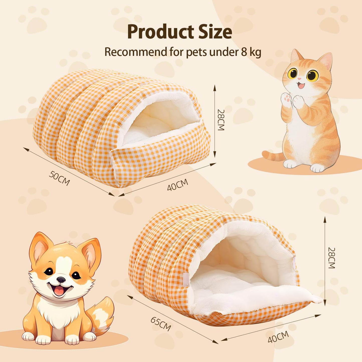 XiaoMan 2WAY Convertible Cat Bed, Winter Warm Cat Cave with Removable Washable Cover, Reversible Plush Arctic Fleece Hooded Donut Pet Bed for Indoor Cats & Small Dogs, Foldable（Orange）