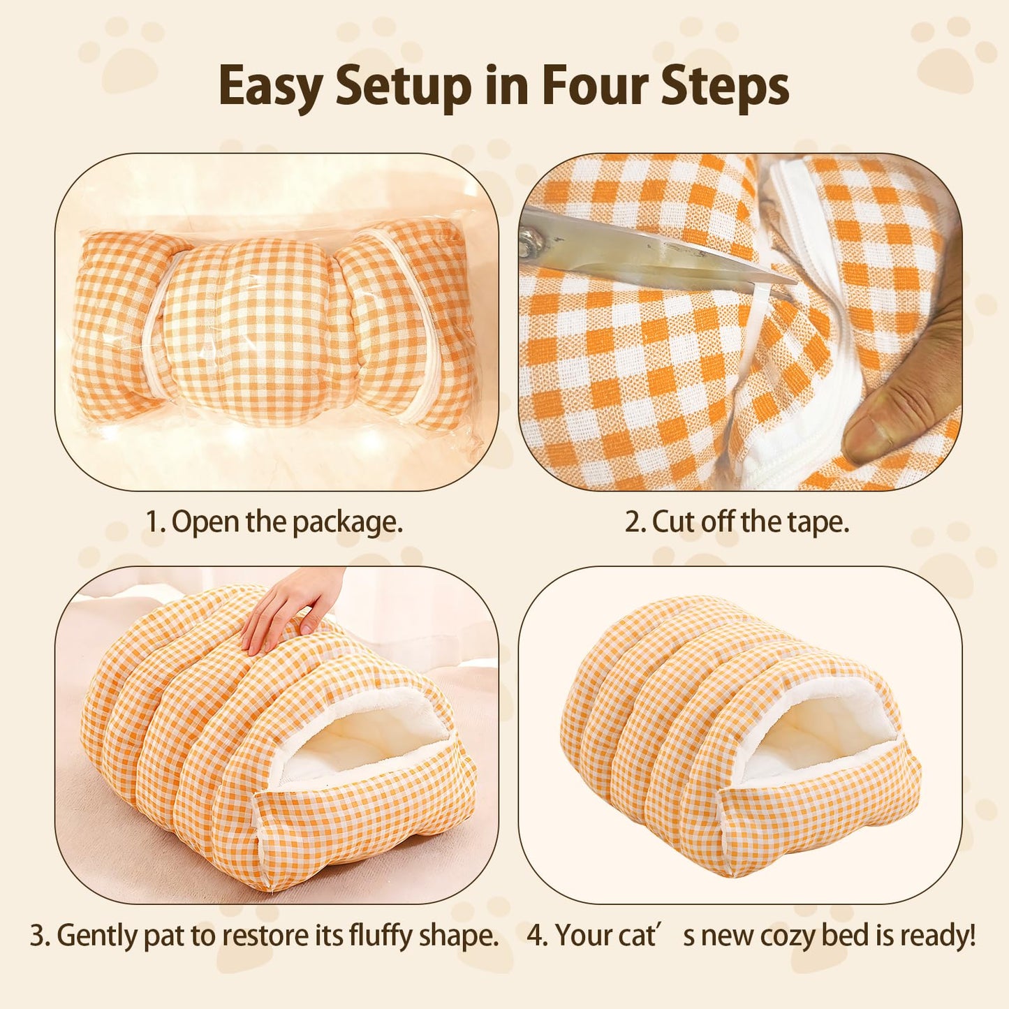 XiaoMan 2WAY Convertible Cat Bed, Winter Warm Cat Cave with Removable Washable Cover, Reversible Plush Arctic Fleece Hooded Donut Pet Bed for Indoor Cats & Small Dogs, Foldable（Orange）