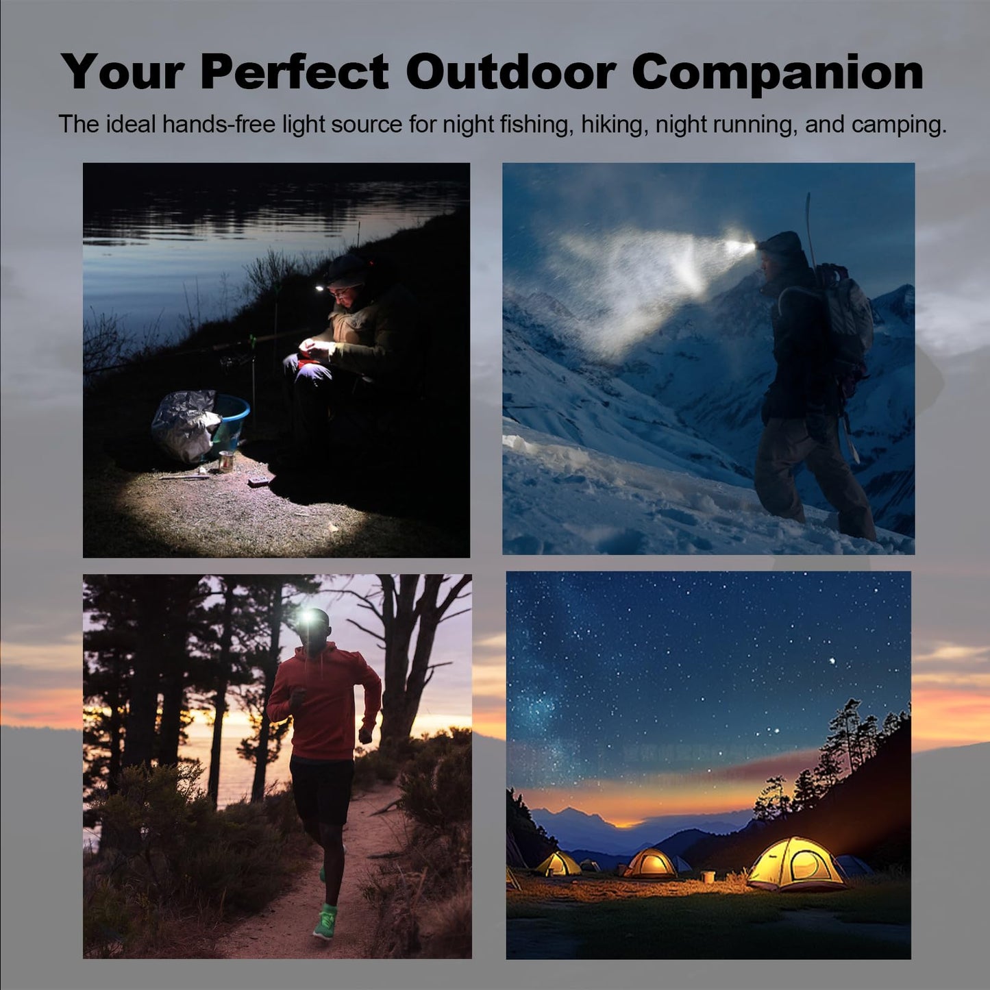 Head Torch Rechargeable, 3000mAh Super Bright 4-Color Light with Smart Sensor, Emergency Red & Blue Flash Mode, 200m Beam, 10Hrs Runtime, 45° Tiltable, Waterproof for Camping [Energy Class A]